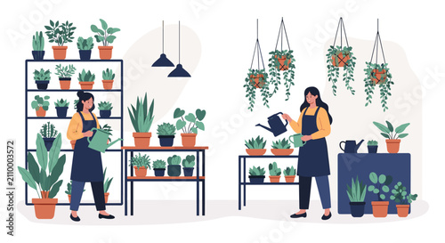Two female gardeners take care of various beautiful potted indoor plants in a modern plant nursery and flower shop environment.