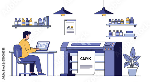 Professional printer operator uses a laptop to control a large format cmyk digital printing machine in a tidy shop.
