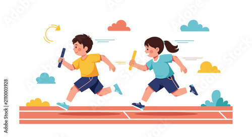 Active young boy and girl run a competitive relay race together holding batons on a professional outdoor athletic track.