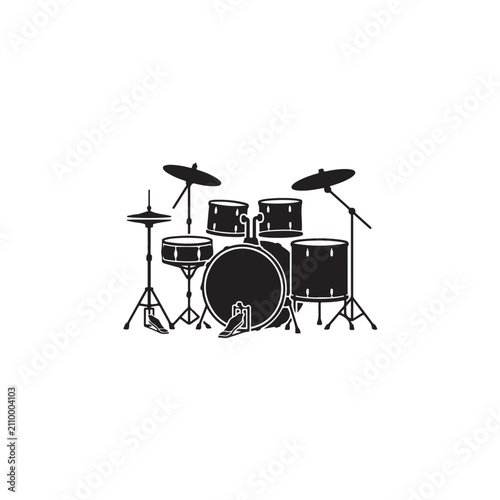 A black and white illustration of a complete drum set with cymbals and stands on a plain background