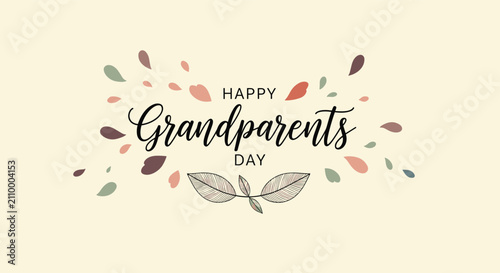 Elegant greeting card to celebrate happy grandparents day with artistic brown and green leaves on a beige background.