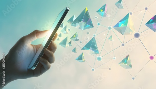 Mobile token transaction and colorful digital asset trading. High speed internet data transmission networks. Human hand holding a smartphone emitting glowing crystal pyramids and node links