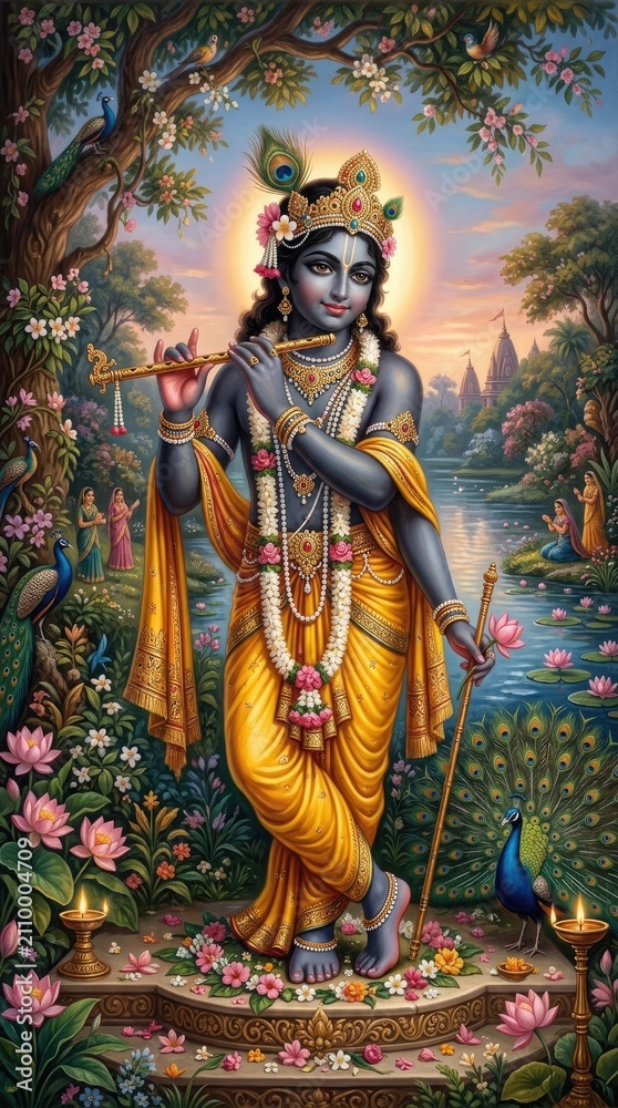 Fototapeta premium Vrindavan avatar appearance: Lord Krishna, play bansuri, worship Govinda, venerate Gopala, praise Madhava, seek Keshava, adore Hari, glorify Shyam, behold Kanha, love Murari, honor Damodara.