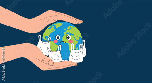 Human hands protecting sad Earth globe covered with plastic bags to raise awareness about global microplastic and ocean pollution.
