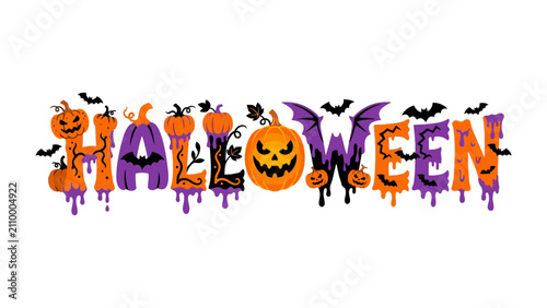 Photography Spooky Halloween Word Art: A playful and festive arrangement of letters spells out HALLOWEEN, adorned with iconic Halloween imagery like carved pumpkins, bats, and falling leaves