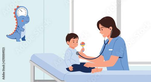 Friendly female pediatrician checking a baby boy with a stethoscope while he sits on a medical examination table holding a rattle.