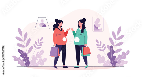 Two happy pregnant women carrying colorful shopping bags and chatting together in a stylish retail environment with plant decor.