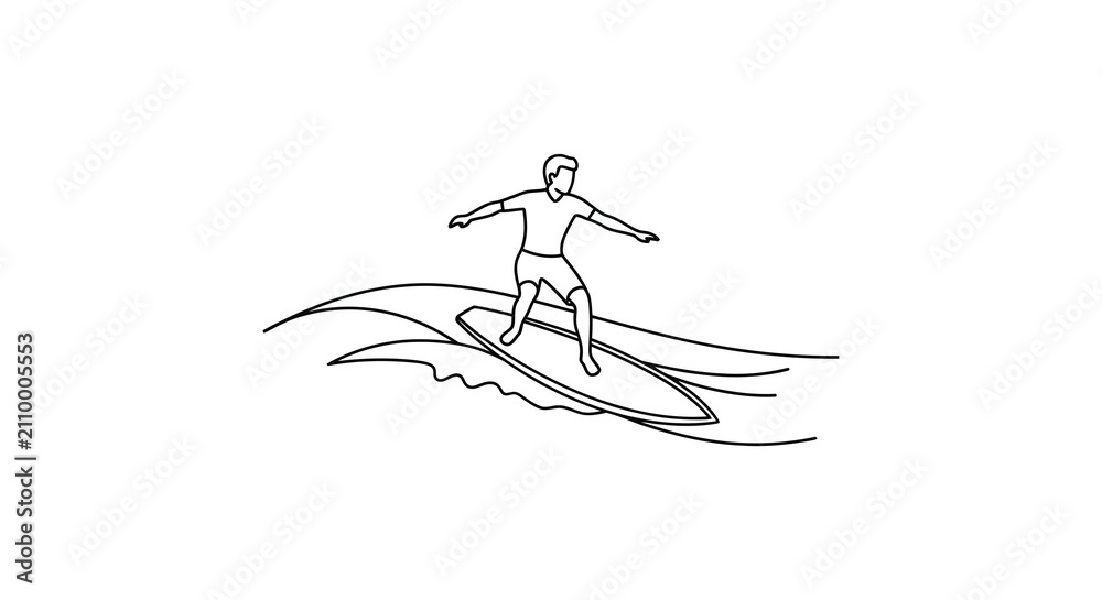Fototapeta premium Surfer riding a wave black line drawing on white background