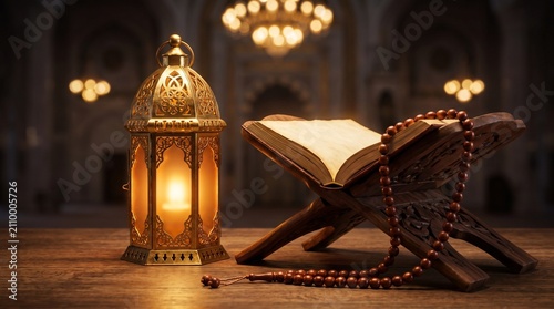 Photography Open quran book on a wooden stand with a glowing lantern in a mosque during rama