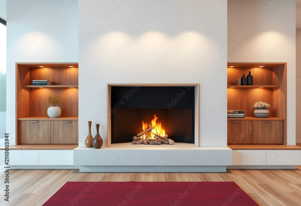 Obraz premium Minimalist modern living room with lit fireplace and wooden shelves