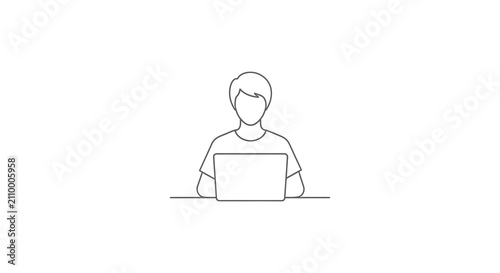 Person with laptop continuous line drawing on white background