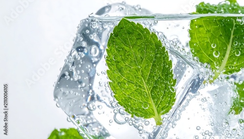 Refreshing Carbonated Water with Fresh Green Mint Leaves and Chilled Ice Cubes for a Crisp Summer Drink