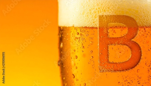 Close-up of a refreshing, bubbly, cold beer with a frothy head and condensation on the glass, against a warm orange background