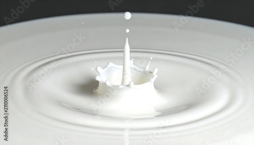 Milk drop splashing on a white liquid surface creating ripple waves and crown shape