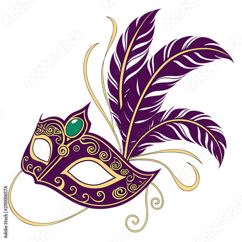 Photography Purple carnival mask with decorative feathers and swirl gold patterns, carnival