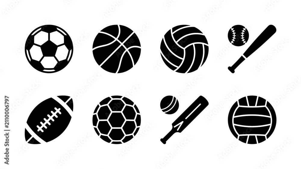 Obraz premium Team ball games. Filled icon set of Team ball games: soccer ball, basketball, volleyball, baseball with bat, rugby ball, handball, cricket bat and ball, water polo ball. Solid icons set. All icons in