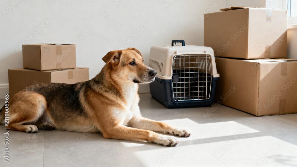 Fototapeta premium A dog lying on the floor near packed moving boxes and a pet carrier in a new home, moving with pets concept