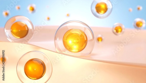 Microscopic view of serum or vitamin capsules penetrating human skin for rejuvenation and hydration