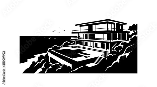 Modern Cliffside Villa Minimalist Black and White Illustration