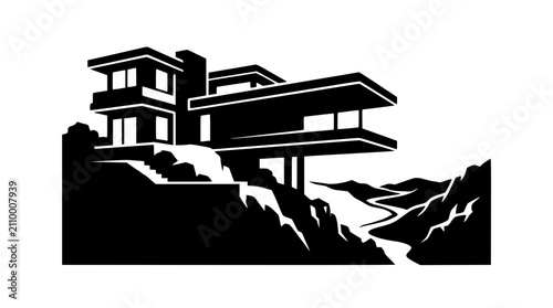 Modern Cantilevered House on a Cliff Silhouette Illustration