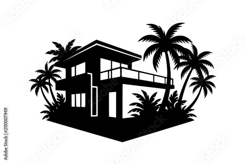 Modern Tropical Beach House Silhouette with Palm Trees Vector Illustration