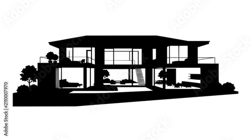 Modern Two-Story Luxury House Silhouette Isolated on White