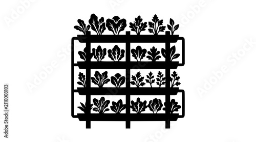 Vertical garden system with leafy greens and herbs silhouette illustration