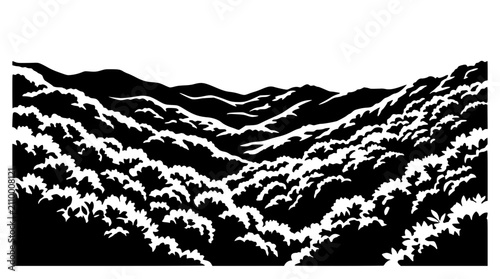 Woodcut Style High Contrast Mountain Landscape and Forest Illustration