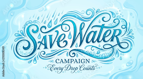 Photos Stylized blue and white 'Save Water' campaign typography with water drops, waves, and splashes, promoting water conservation