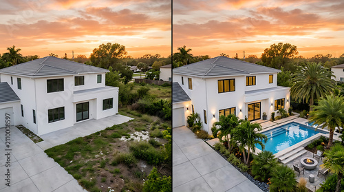 Modern two-story white house with swimming pool surrounded by lush landscape under sunset sky