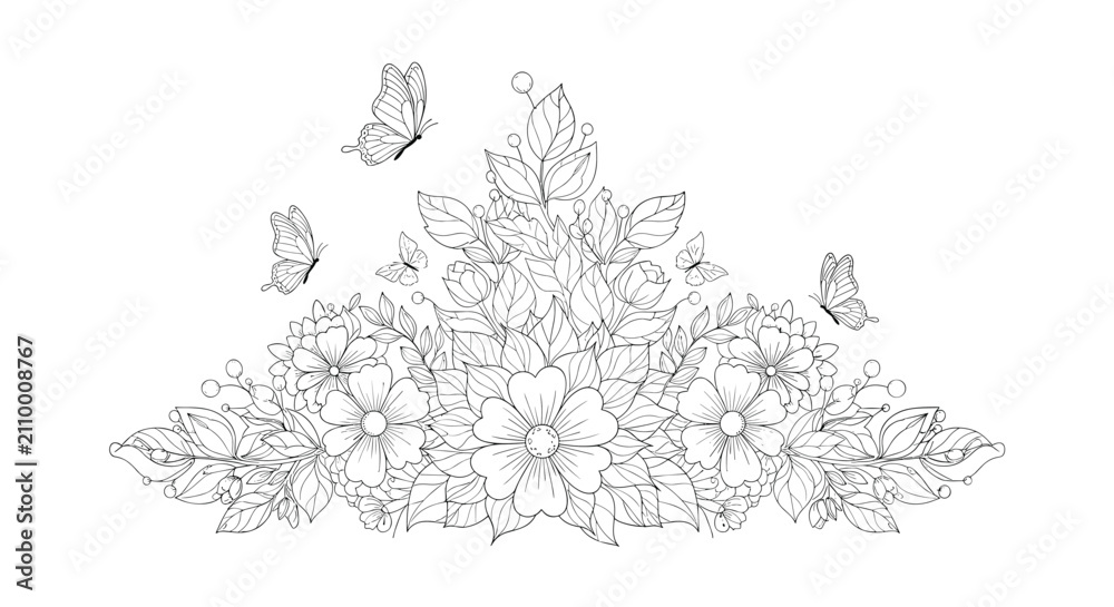 Fototapeta premium Elegant black and white line art composition featuring delicate blooming flowers surrounded by fluttering butterflies for coloring or design.