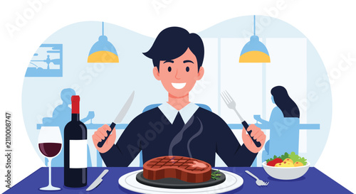 Happy young man sitting at restaurant table holding fork and knife ready to eat his delicious hot steak and red wine.