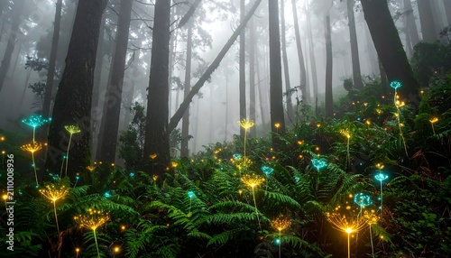 Enchanting mystical forest clearing with glowing fantastical flora and ethereal mist in the background