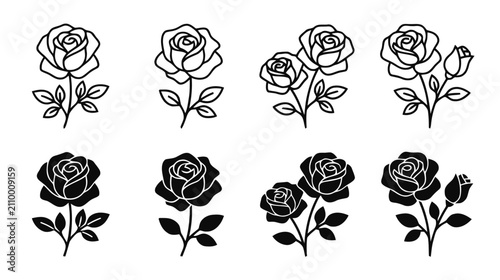 Vector illustration of set of rose flower icons, black and white line art and silhouette style on a transparent background