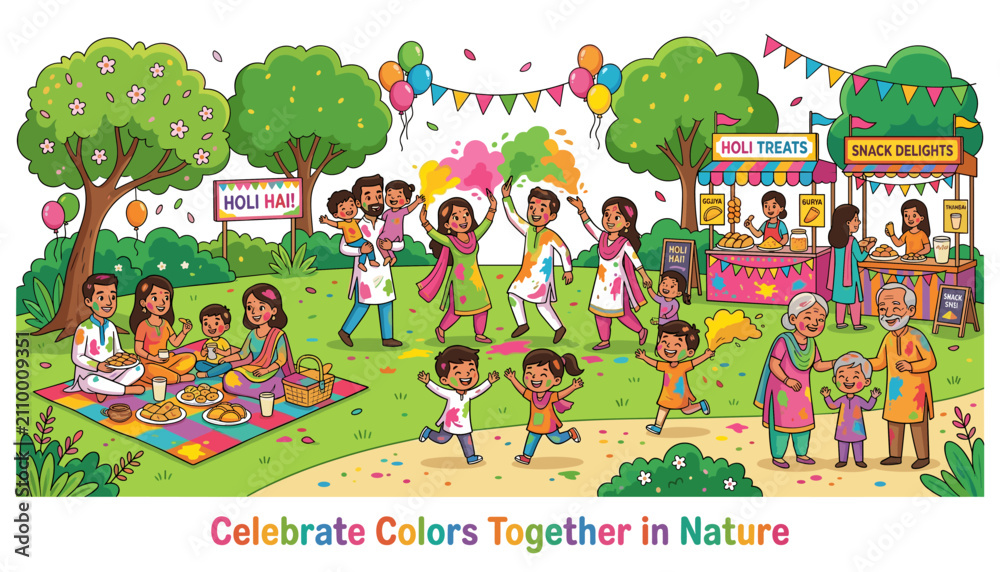 Fototapeta premium Joyful holi festival celebration in a park with families and children playing with colors, traditional indian spring festival illustration