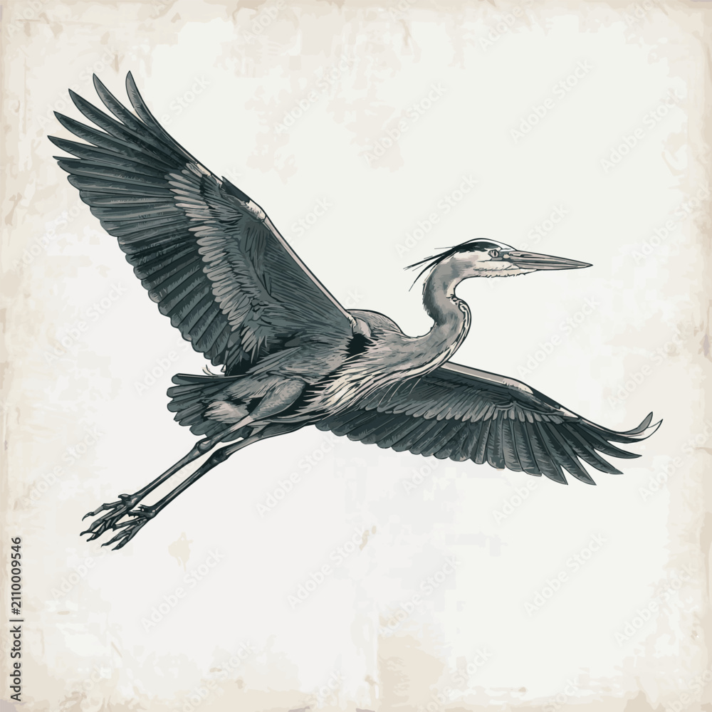 Obraz premium Created on hand drawn vintage Large great blue heron in mid-flight with outstretched wings and long legs symbol Illustrations vector art on white background