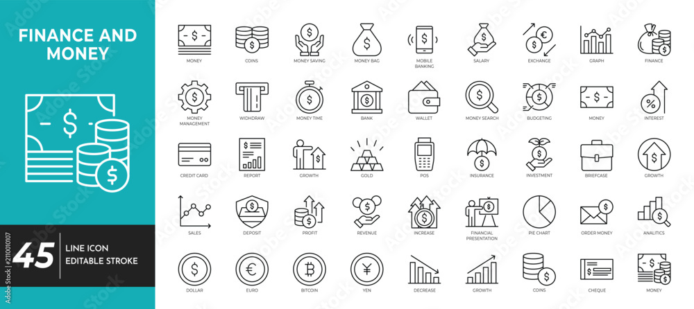 Fotografie finance and money icon set editable stroke