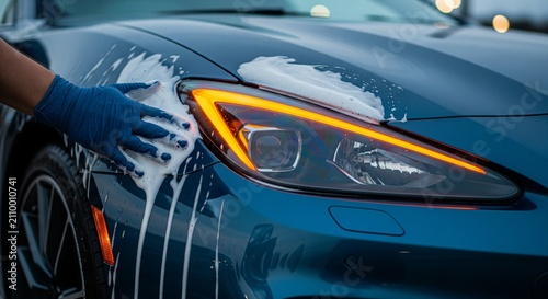 Close-up of a hand wearing a blue glove washing a dark blue car with soapy water, focusing on