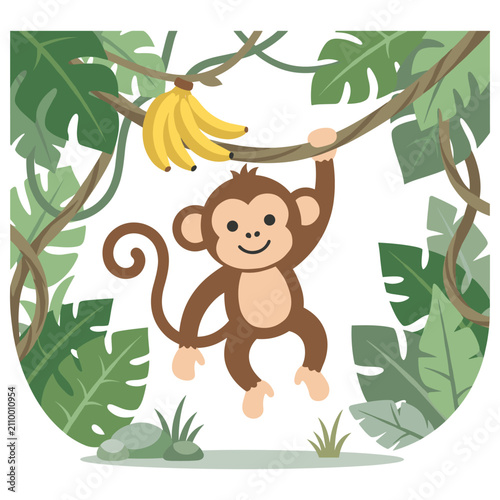 Canvas Print Cute monkey hanging from vine branch in tropical jungle background