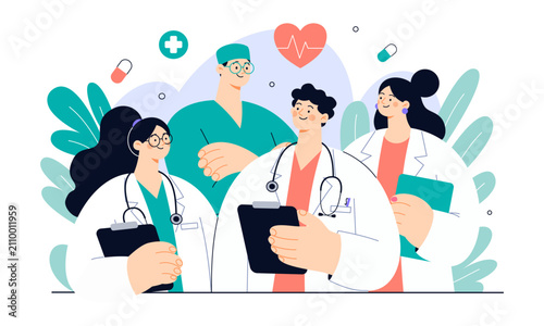 A group of friendly doctors. A flat vector illustration in a trendy style. Vector illustration