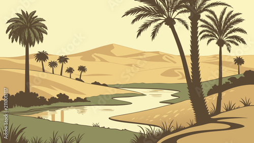 Fotografie Desert oasis illustration with palm trees and sand dunes landscape environment