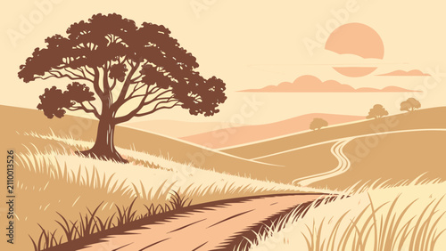 Bild auf Leinwand Winding country road through grassy hills with lone tree at sunset, landscape