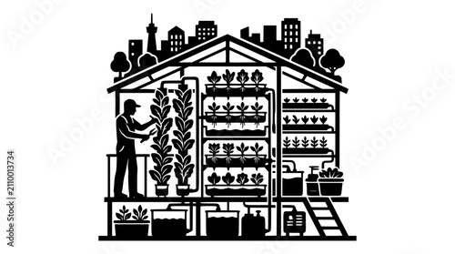 Urban Vertical Farming and Hydroponics Greenhouse Silhouette Illustration