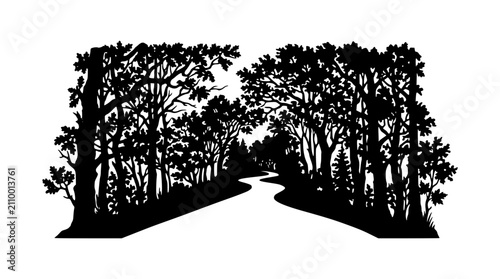 Winding Forest Path Silhouette Landscape Vector Illustration