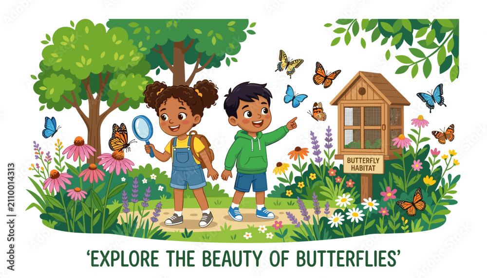 Naklejka premium Children exploring a butterfly habitat in a lush garden, observing colorful butterflies with a magnifying glass, educational nature activity for kids