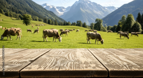 Empty wooden table overlooking a peaceful alpine meadow with grazing cows, rolling green pastures and distant mountain peaks. Perfect for for food product display montage.