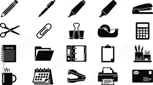 Bild auf Leinwand Collection of office supply icons in a grid layout with white background and cle