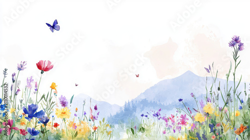 Dreamy watercolor landscape featuring vibrant wildflowers and butterflies, evoking sense of tranquility and beauty