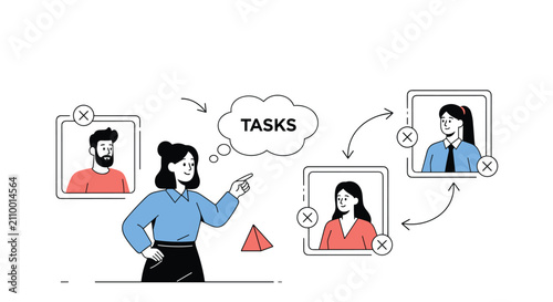 Businesswoman organizing team assignments on a workflow chart, assigning specific tasks to her diverse coworkers.