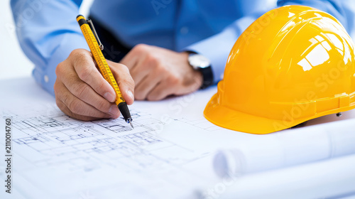 Person is drawing architectural plans with yellow hard hat nearby, showcasing construction and design work